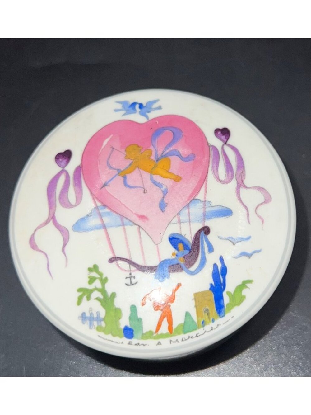 Hand-Painted Porcelain Trinket Box Romantic Cupid Balloon Design Signed Vintage
